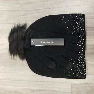 Tahari Rhinestone Faux Fur Pom Hat & Gloves Set